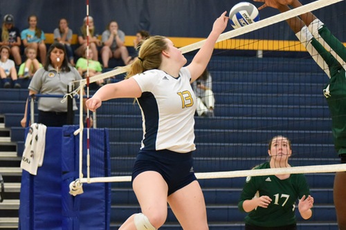 Keely Doyle goes up for a kill at the net.
